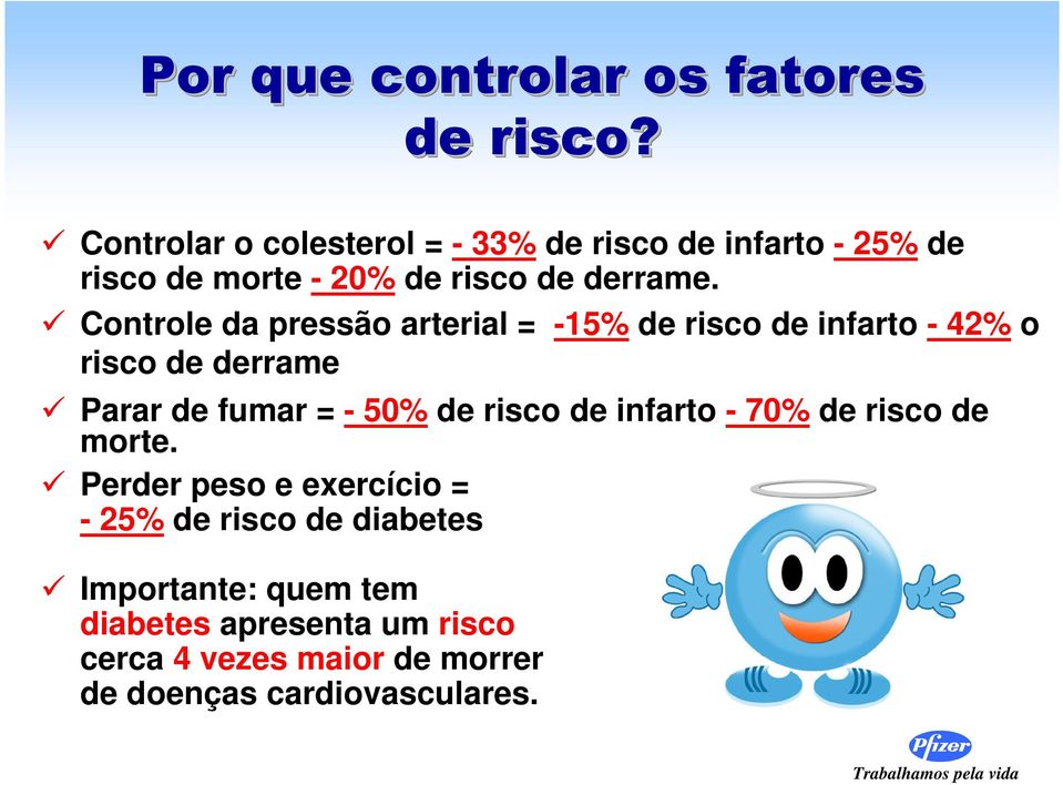 Controle da pressão arterial = -15% de risco de infarto - 42% o risco de derrame Parar de fumar = - 50% de risco