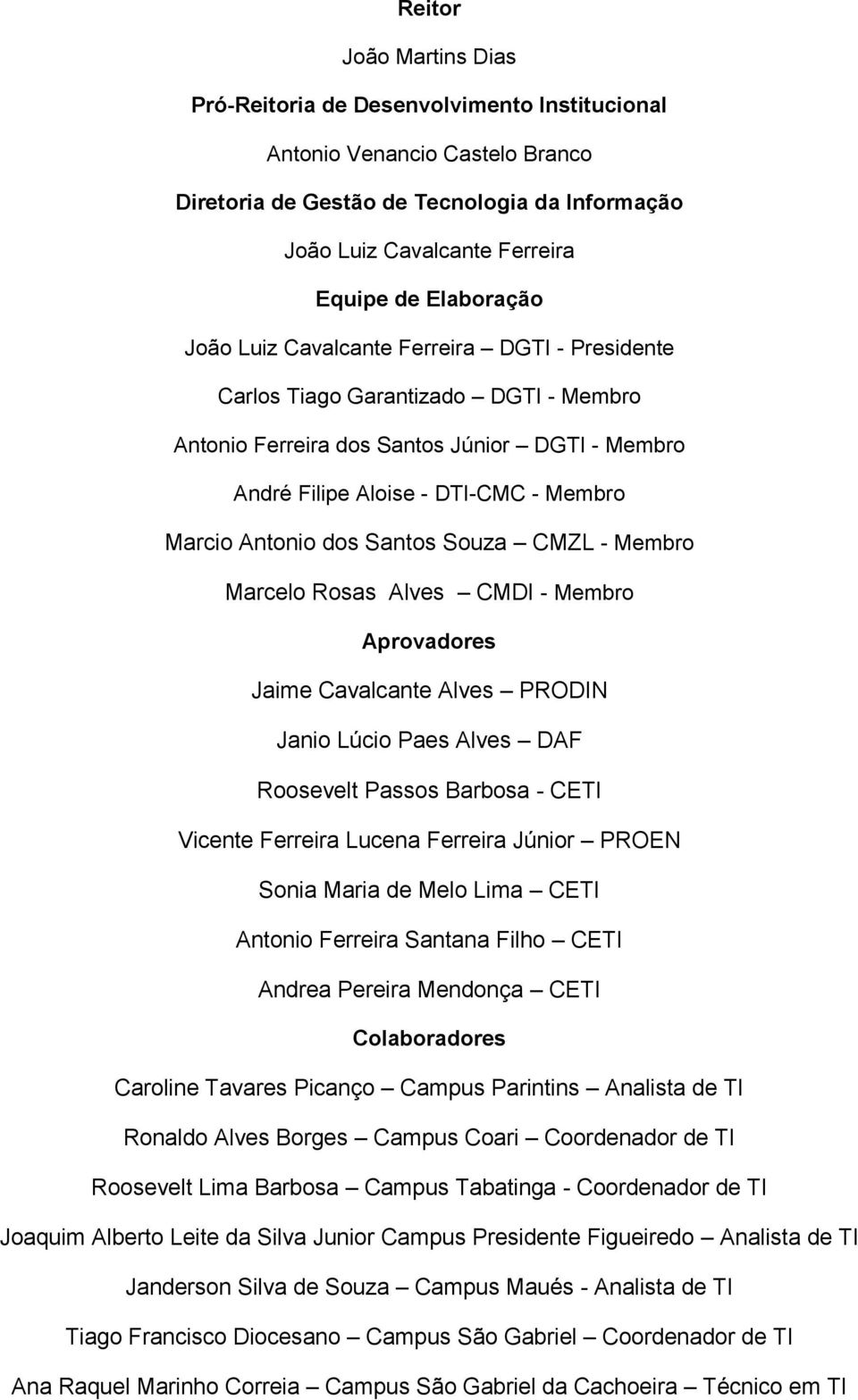 Antonio dos Santos Souza CMZL - Membro Marcelo Rosas Alves CMDI - Membro Aprovadores Jaime Cavalcante Alves PRODIN Janio Lúcio Paes Alves DAF Roosevelt Passos Barbosa - CETI Vicente Ferreira Lucena