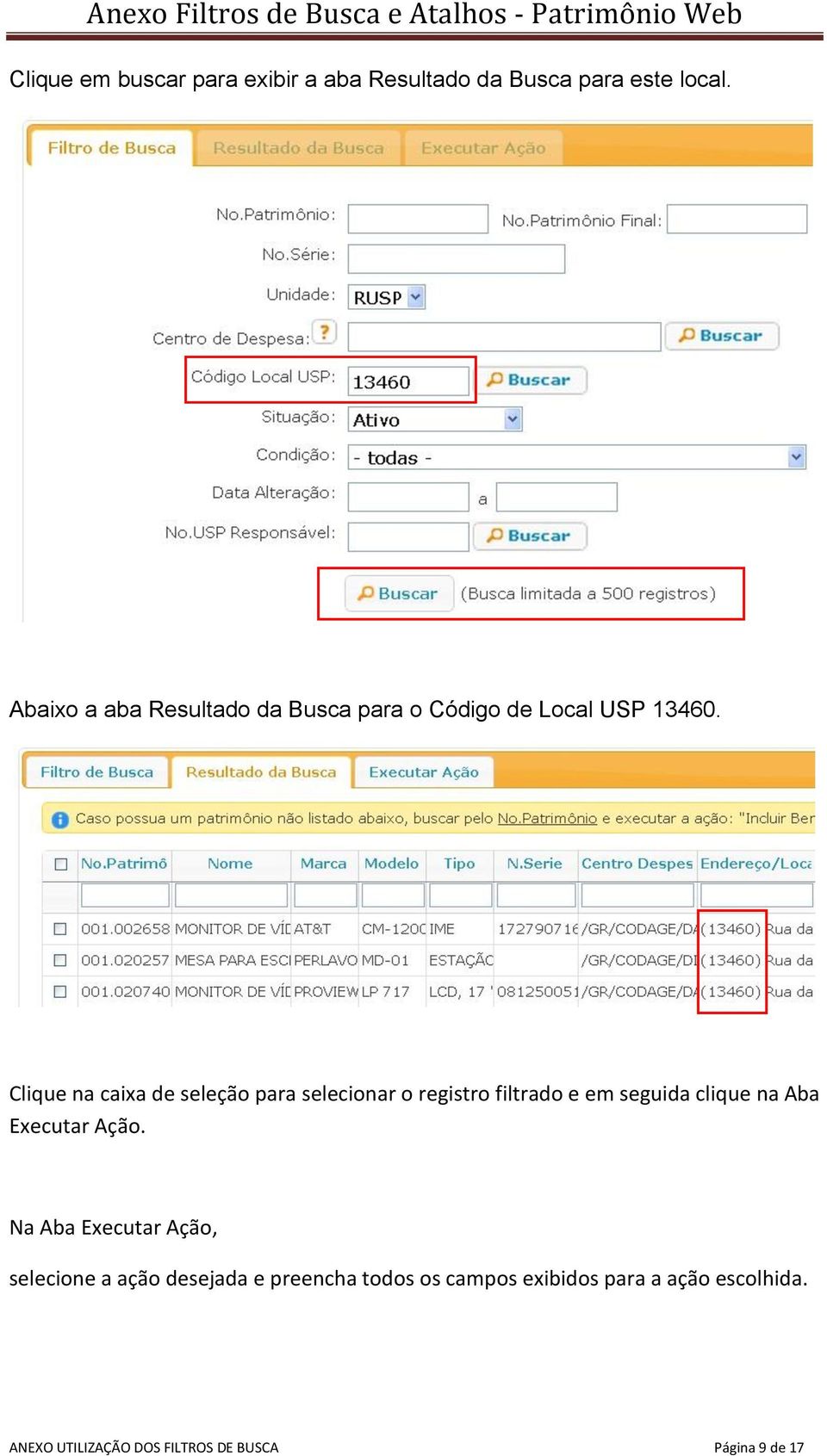 Clique na caixa de seleção para selecionar o registro filtrado e em seguida clique na Aba Executar