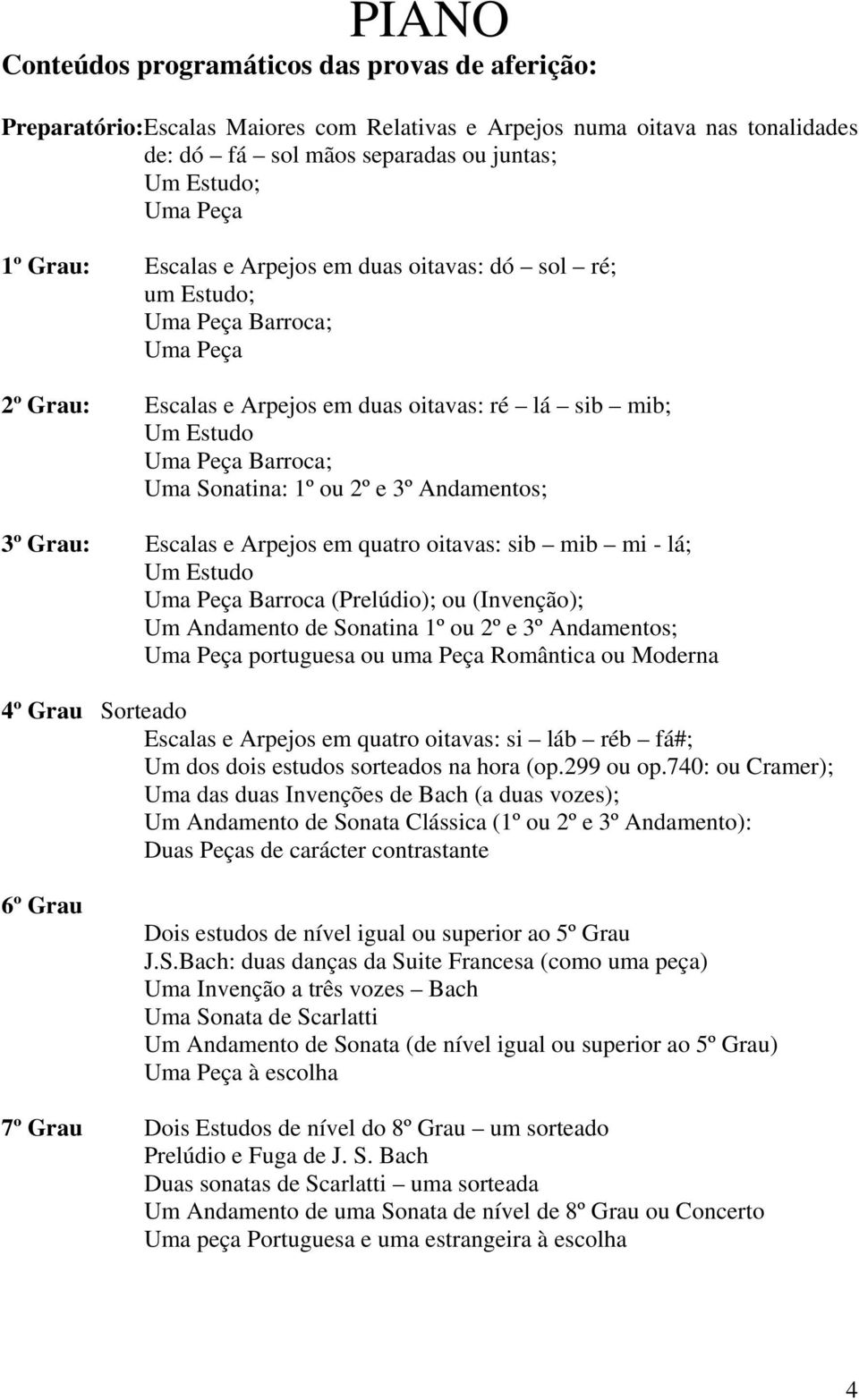 e 3º Andamentos; 3º Grau: Escalas e Arpejos em quatro oitavas: sib mib mi - lá; Um Estudo Uma Peça Barroca (Prelúdio); ou (Invenção); Um Andamento de Sonatina 1º ou 2º e 3º Andamentos; Uma Peça