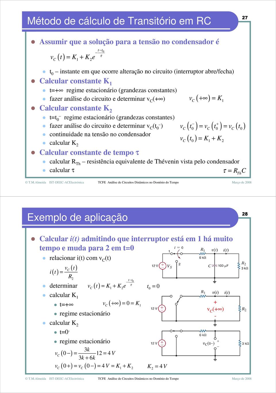 coninuidade na ensão no condensador calcular K alcular consane de empo τ + ( ) = ( ) = ( ) v v v calcular R Th resisência equivalene de Thévenin visa pelo condensador calcular τ τ = RTh v = K + K