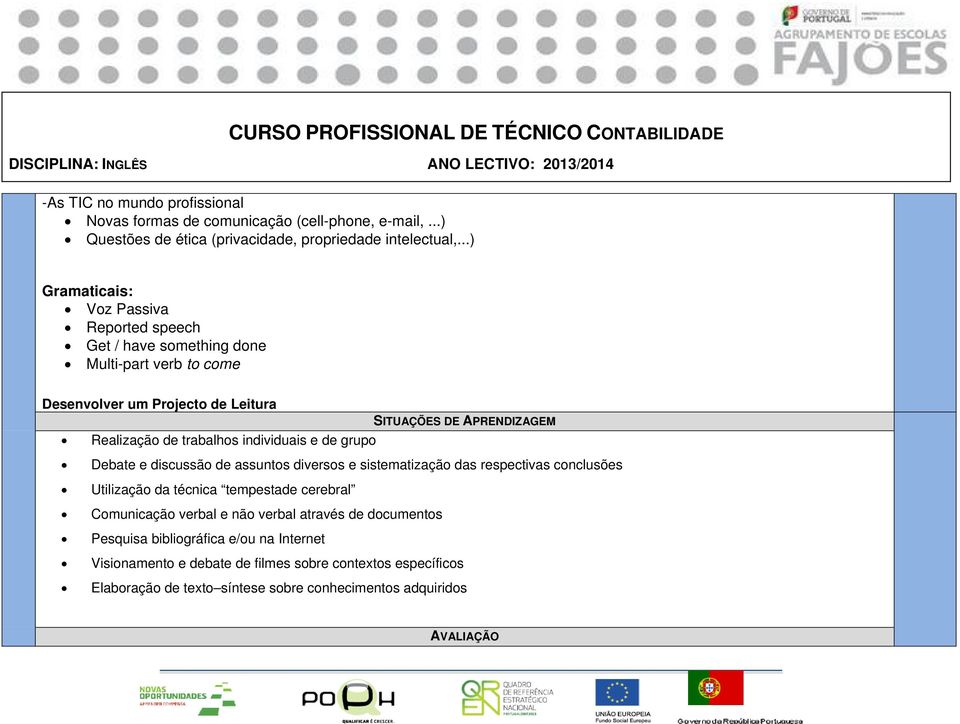 ..) Gramaticais: Voz Passiva Reported speech Get / have something done Multi-part verb to come Desenvolver um Projecto de Leitura SITUAÇÕES DE APRENDIZAGEM Realização de trabalhos individuais e