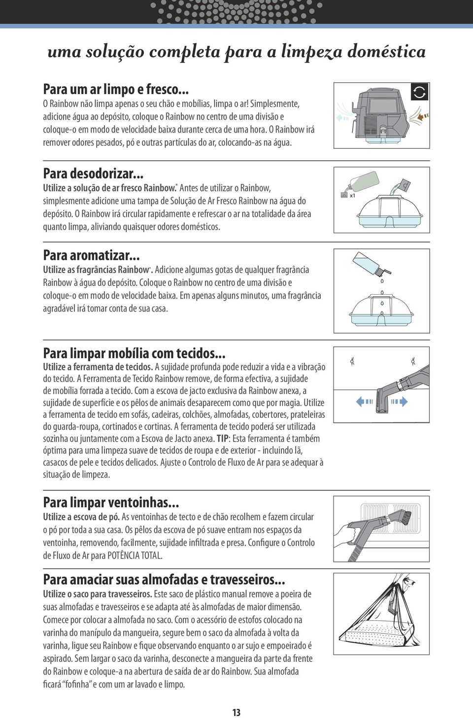 O Rainbow irá remover odores pesados, pó e outras partículas do ar, colocando-as na água. Para desodorizar... Utilize a solução de ar fresco Rainbow.