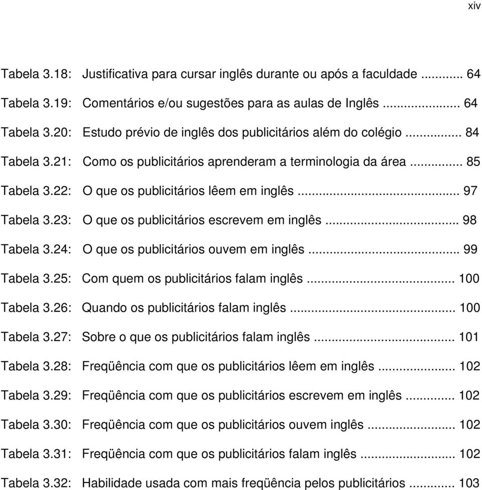 .. 98 Tabela 3.24: O que os publicitários ouvem em inglês... 99 Tabela 3.25: Com quem os publicitários falam inglês... 100 Tabela 3.26: Quando os publicitários falam inglês... 100 Tabela 3.27: Sobre o que os publicitários falam inglês.