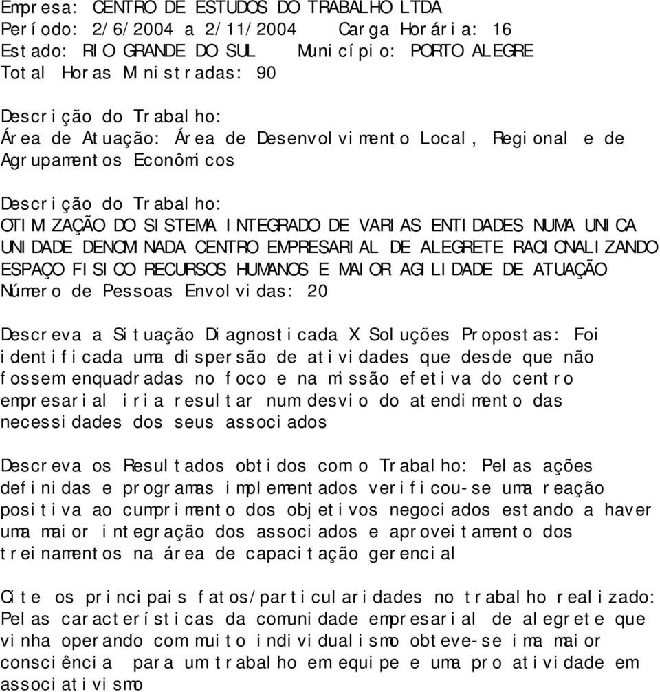 EMPRESARIAL DE ALEGRETE RACIONALIZANDO ESPAÇO FISICO RECURSOS HUMANOS E MAIOR AGILIDADE DE ATUAÇÃO Número de Pessoas Envolvidas: 20 Descreva a Situação Diagnosticada X Soluções Propostas: Foi