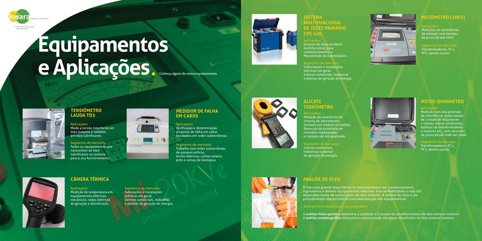 Centros comerciais, indústrias e plantas de geração de energia. Megômetro (20kV) Medições de resistências de isolação com tensões de prova de até 20kV.