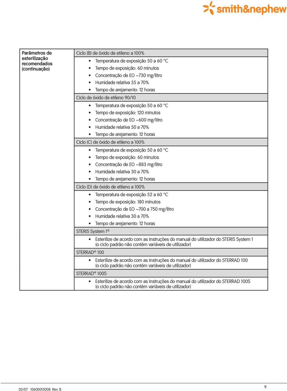 50 a 70% Tempo de arejamento: 12 horas Ciclo (C) de óxido de etileno a 100% Temperatura de exposição 50 a 60 C Tempo de exposição: 60 minutos Concentração de EO ~883 mg/litro Humidade relativa 30 a