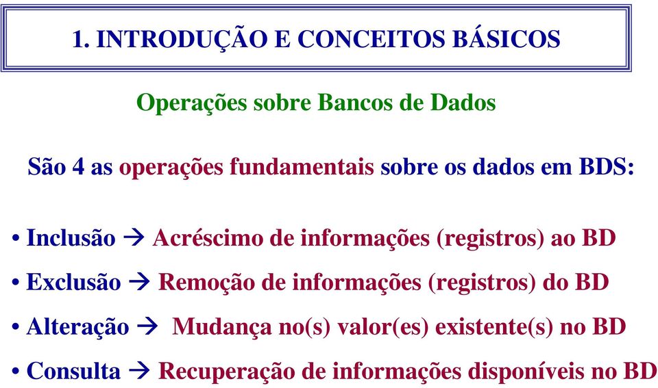 Exclusão Remoção de informações (registros) do BD Alteração Mudança no(s)