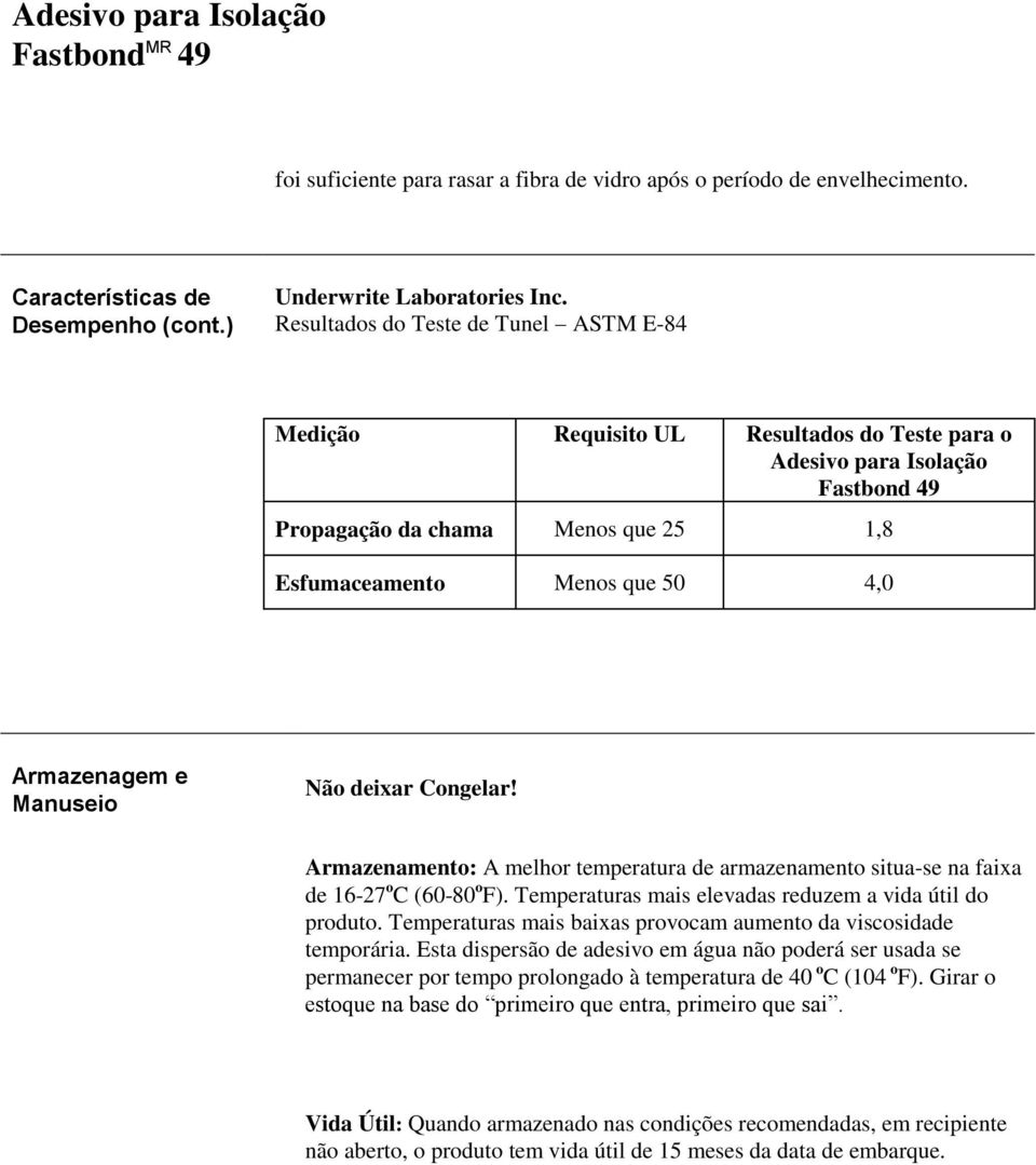 Armazenagem e Manuseio Não deixar Congelar! Armazenamento: A melhor temperatura de armazenamento situa-se na faixa de 16-27 o C (60-80 o F). Temperaturas mais elevadas reduzem a vida útil do produto.