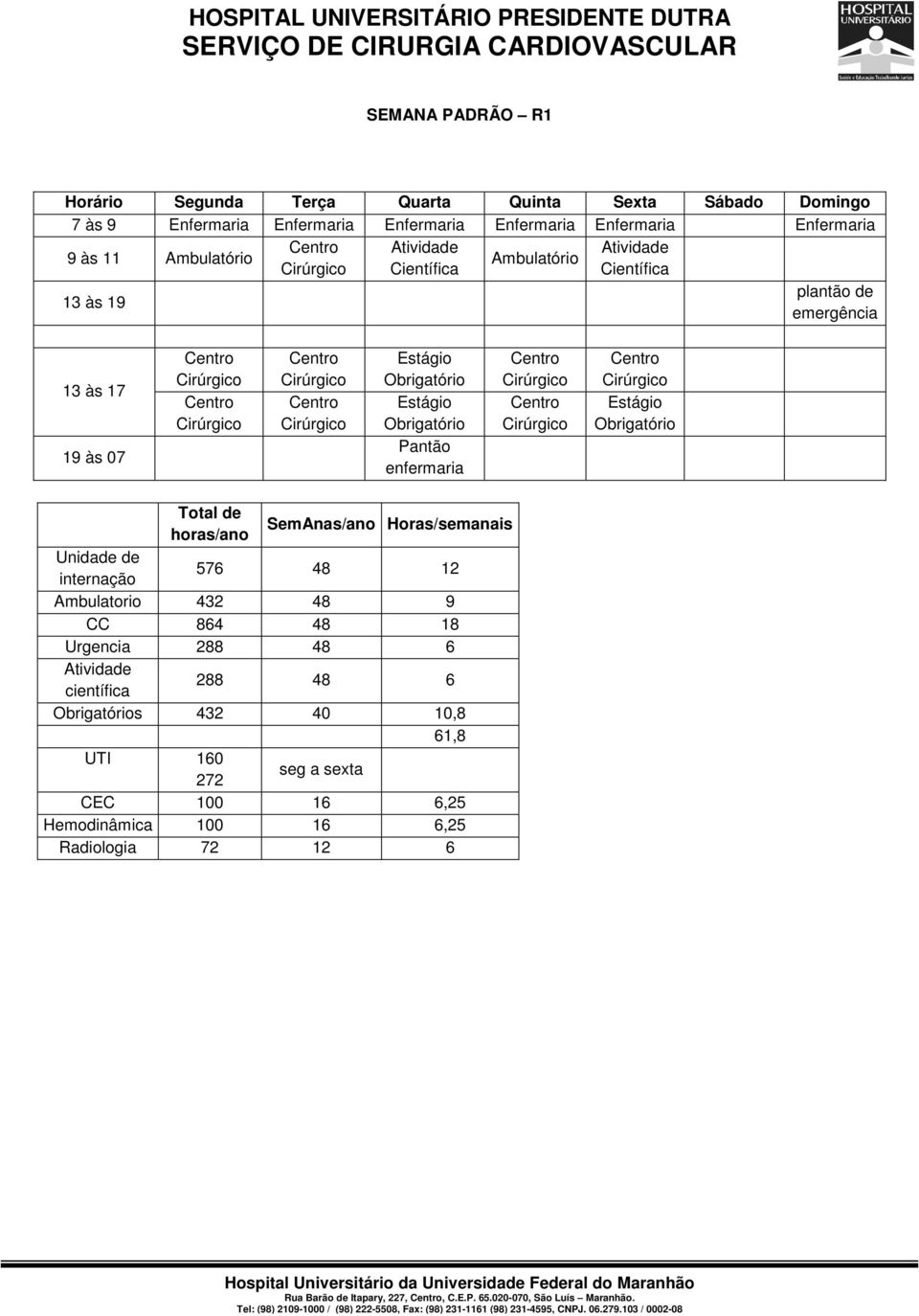 Pantão enfermaria Estágio Obrigatório Total de horas/ano SemAnas/ano Horas/semanais Unidade de internação 576 48 12 Ambulatorio 432 48 9 CC 864 48 18