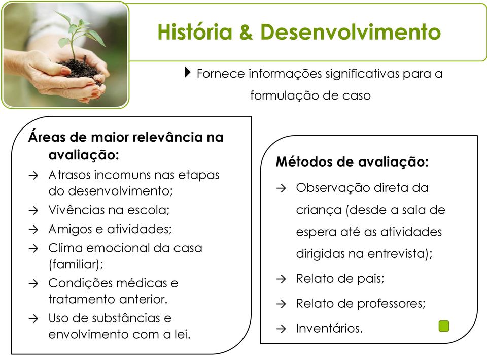 Condições médicas e tratamento anterior. Uso de substâncias e envolvimento com a lei.