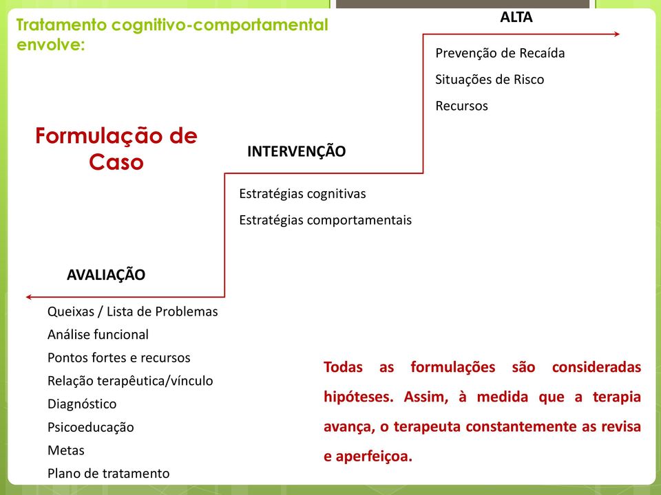 funcional Pontos fortes e recursos Relação terapêutica/vínculo Diagnóstico Psicoeducação Metas Plano de tratamento