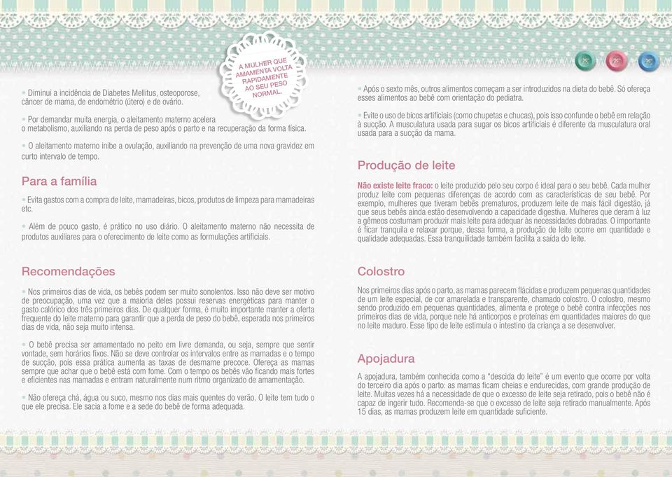 O aleitamento materno inibe a ovulação, auxiliando na prevenção de uma nova gravidez em curto intervalo de tempo. Para a família A mulher que amamenta volta rapidamente ao seu peso normal.