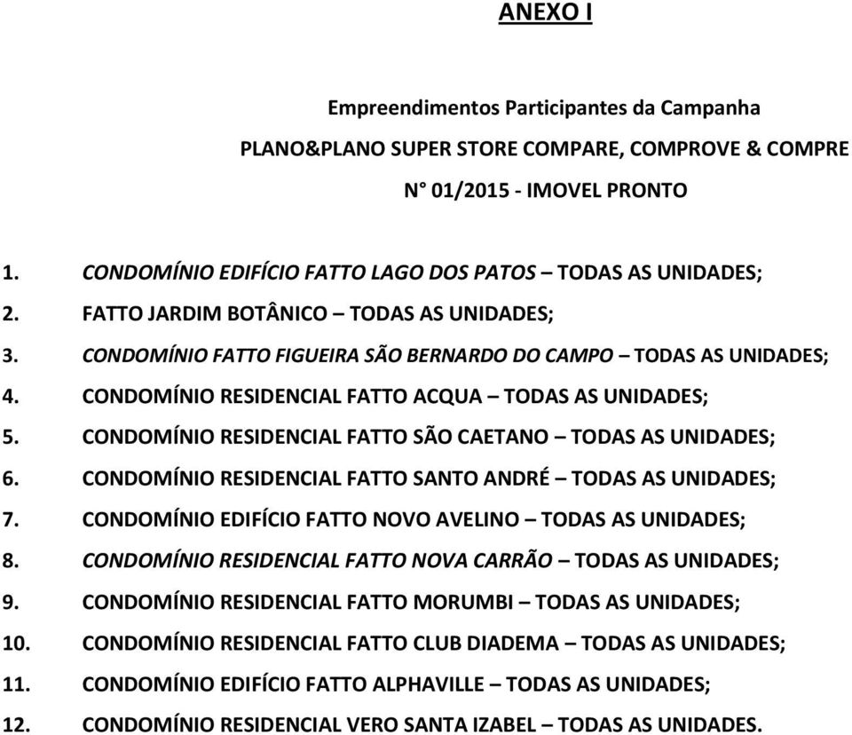 CONDOMÍNIO RESIDENCIAL FATTO SÃO CAETANO TODAS AS UNIDADES; 6. CONDOMÍNIO RESIDENCIAL FATTO SANTO ANDRÉ TODAS AS UNIDADES; 7. CONDOMÍNIO EDIFÍCIO FATTO NOVO AVELINO TODAS AS UNIDADES; 8.