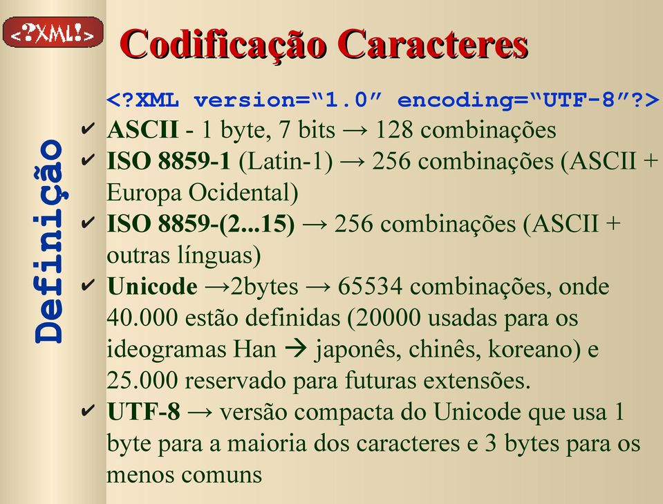..15) 256 combinações (ASCII + outras línguas) Unicode 2bytes 65534 combinações, onde 40.