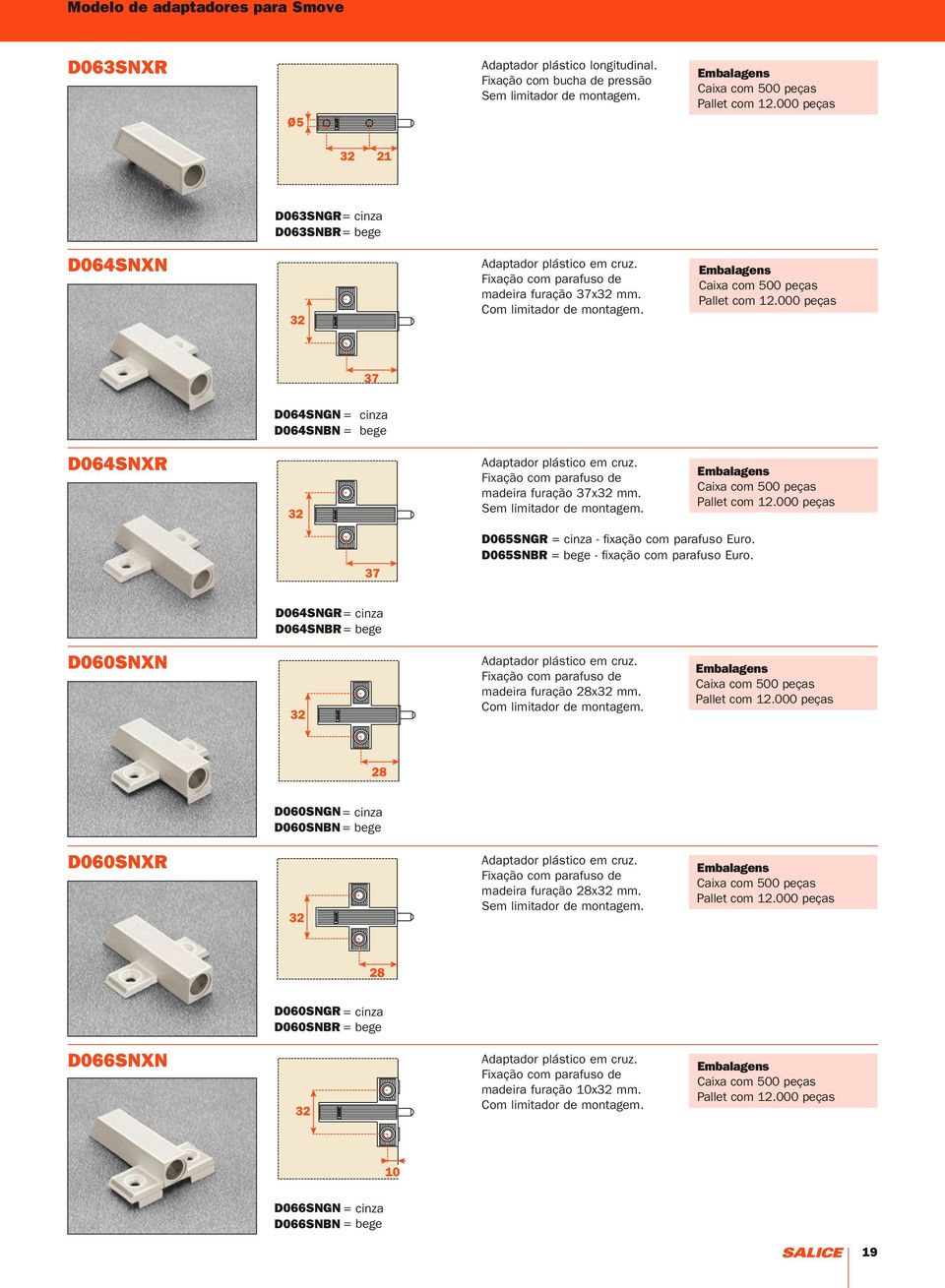 000 peças D064SNXR D064SNGN = cinza D064SNBN = bege Adaptador plástico em cruz. Fixação com parafuso de madeira furação 37x32 mm. Sem limitador de montagem. Caixa com 500 peças Pallet com 12.