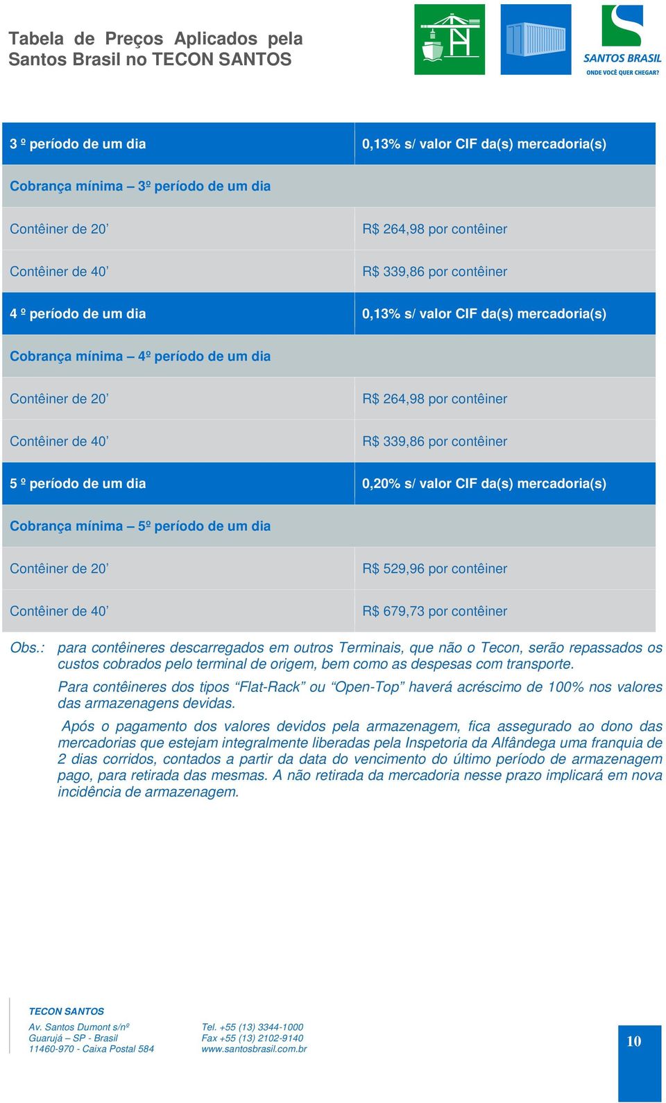 um dia R$ 529,96 por contêiner R$ 679,73 por contêiner Obs.