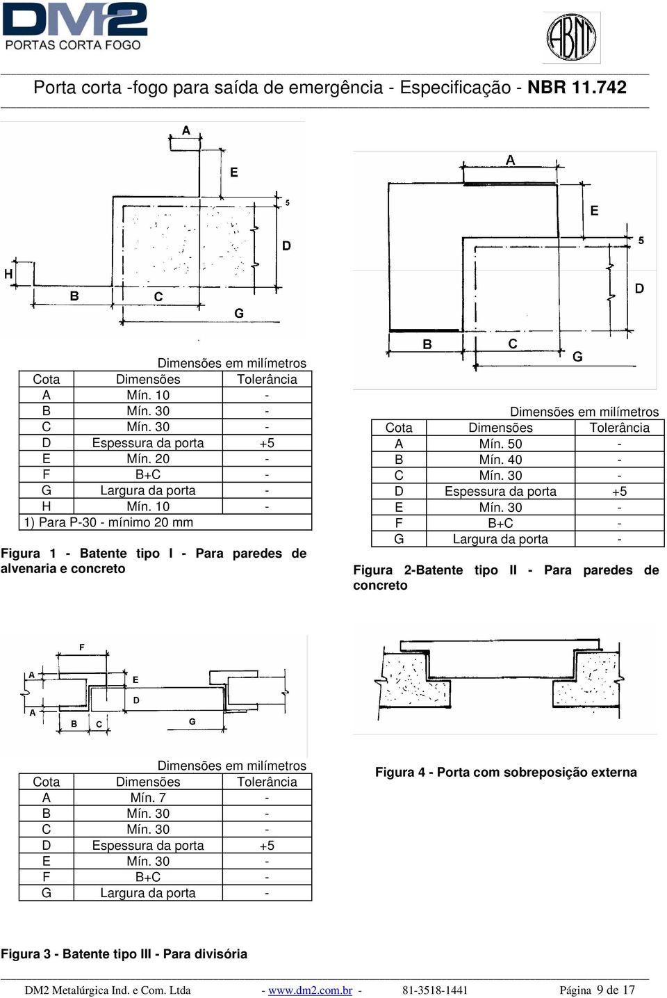 30 - D Espessura da porta +5 E Mín. 30 - F B+C - G Largura da porta - Figura 2-Batente tipo II - Para paredes de concreto Dimensões em milímetros Cota Dimensões Tolerância A Mín. 7 - B Mín.