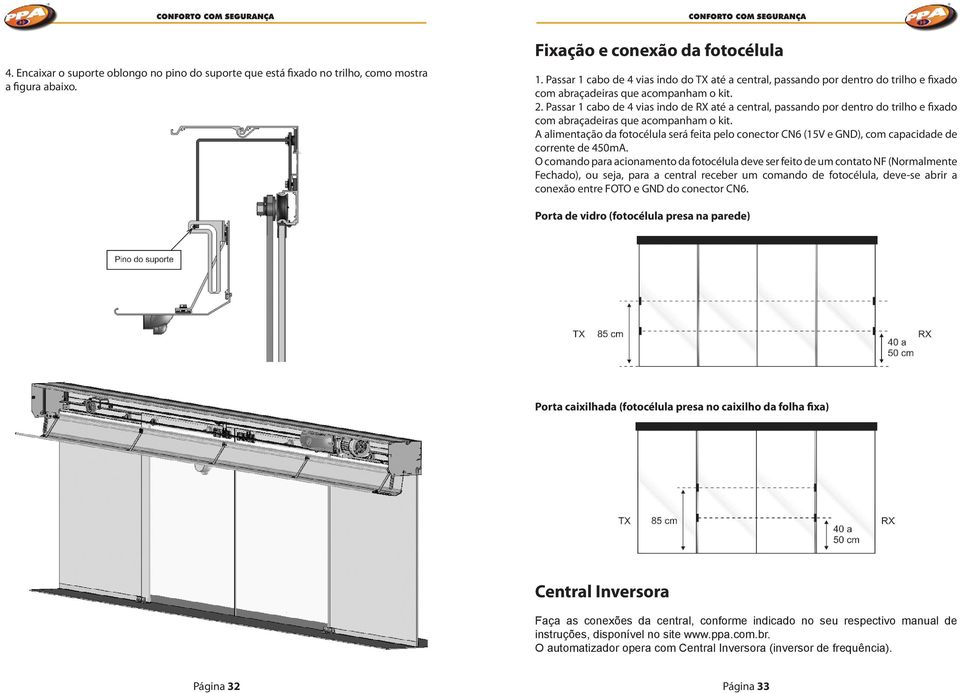 Passar 1 cabo de 4 vias indo de RX até a central, passando por dentro do trilho e fixado com abraçadeiras que acompanham o kit.