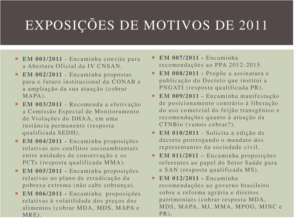 EM 003/2011 - Recomenda a efetivação a Comissão Especial de Monitoramento de Violações do DHAA, em uma instância permanente (resposta qualificada SEDH).