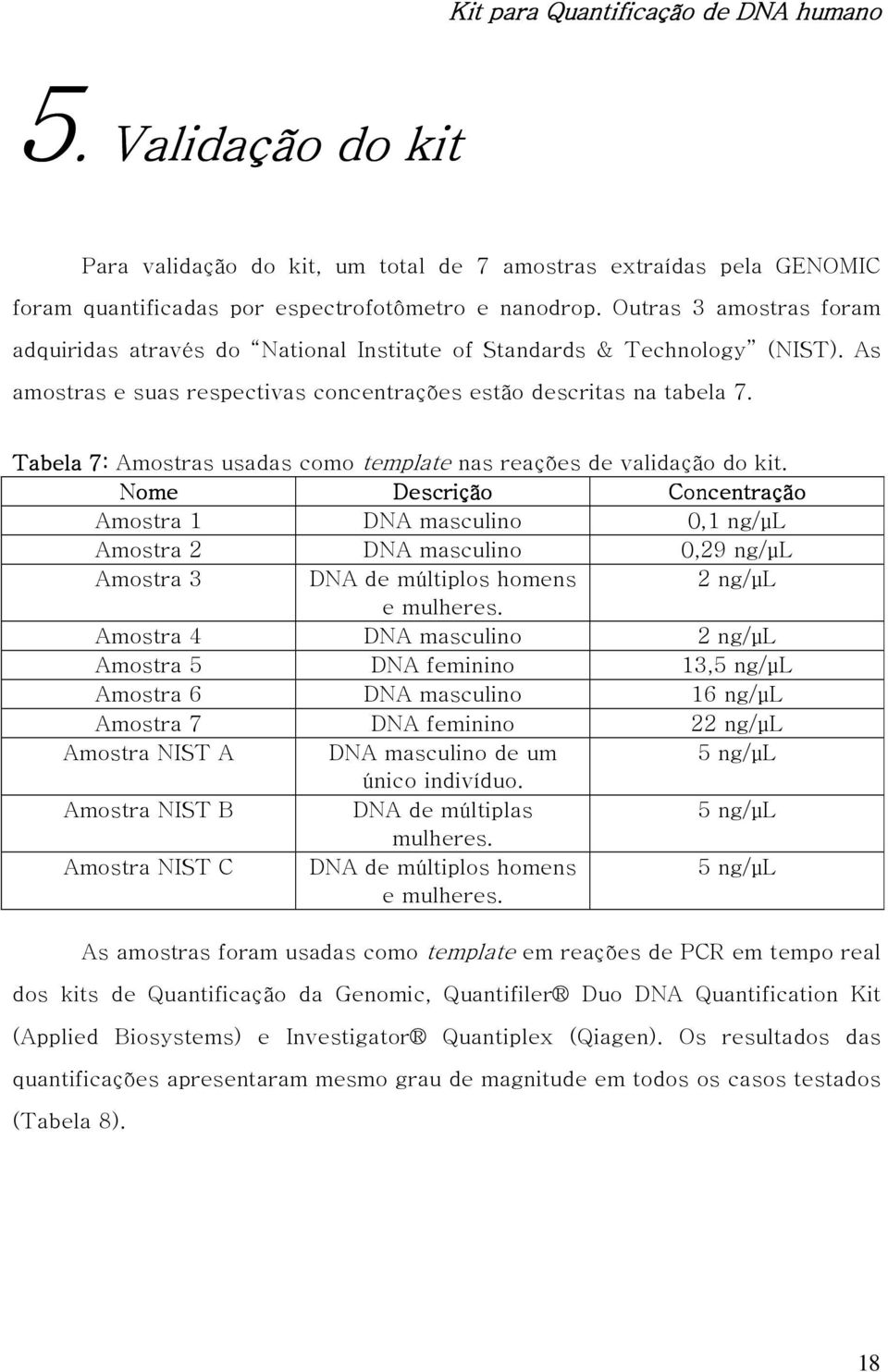 Tabela 7: 7 Amostras usadas como template nas reações de validação do kit.