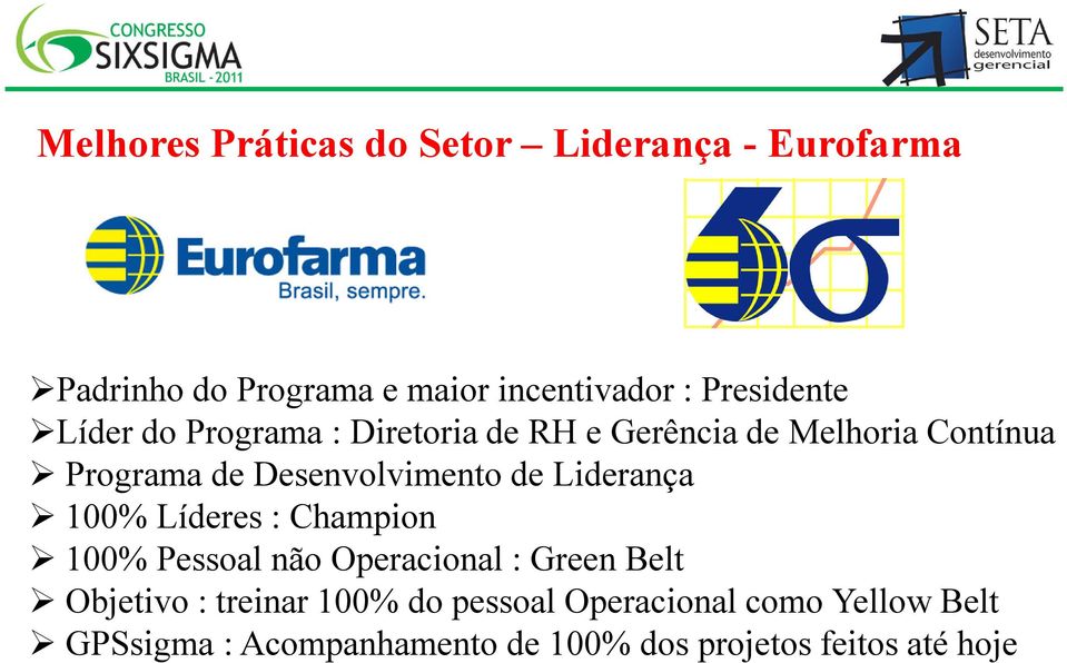 Desenvolvimento de Liderança 100% Líderes : Champion 100% Pessoal não Operacional : Green Belt