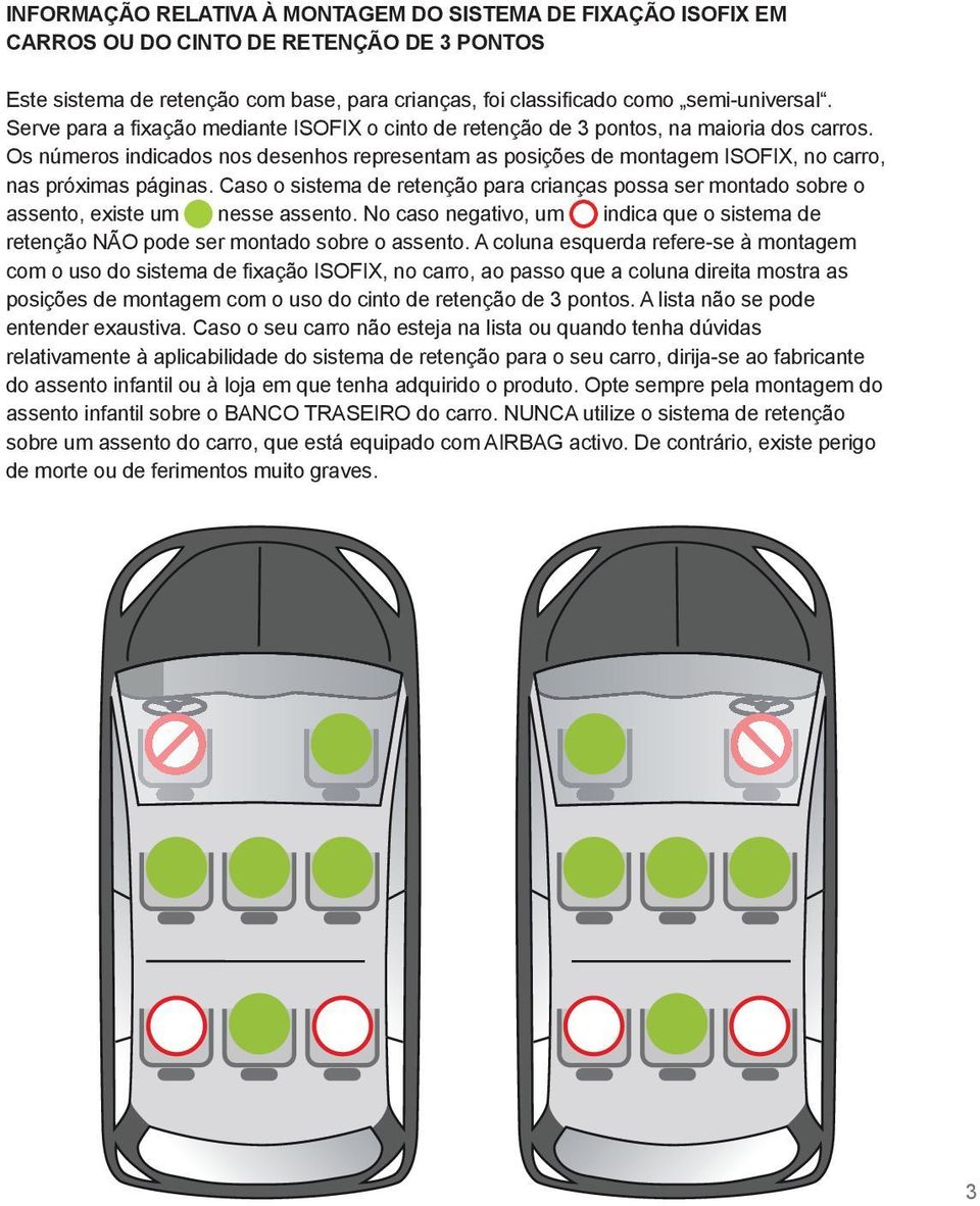 Os números indicados nos desenhos representam as posições de montagem ISOFIX, no carro, nas próximas páginas.