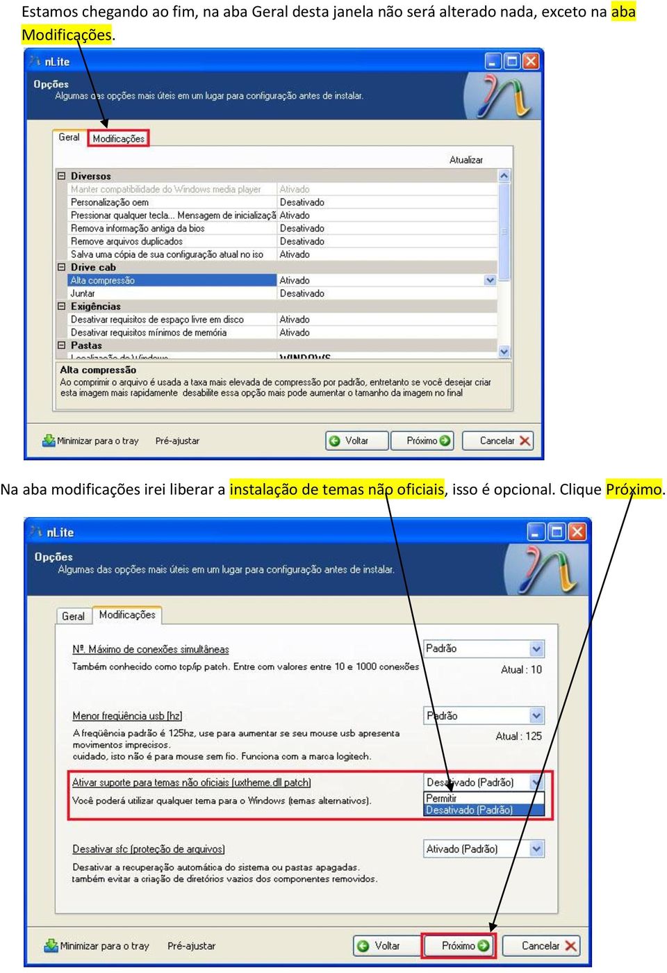 Na aba modificações irei liberar a instalação de