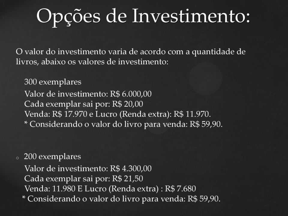 970 e Lucro (Renda extra): R$ 11.970. * Considerando o valor do livro para venda: R$ 59,90.