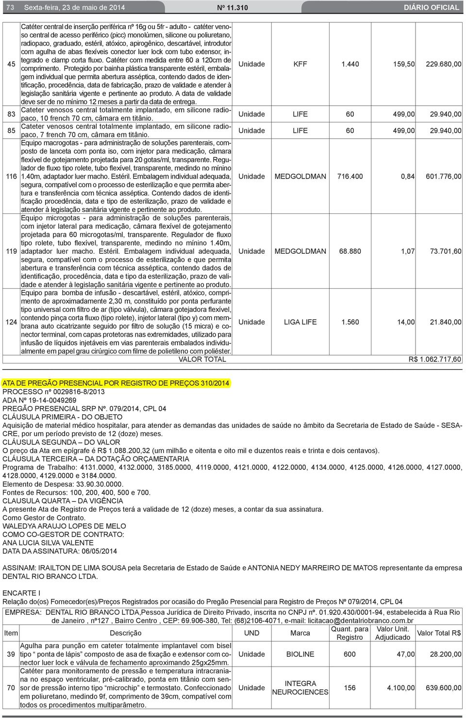 Catéter com medida entre 60 a 120cm de comprimento. Protegido por bainha plástica transparente estéril, embalagem Unidade KFF 1.440 159,50 229.