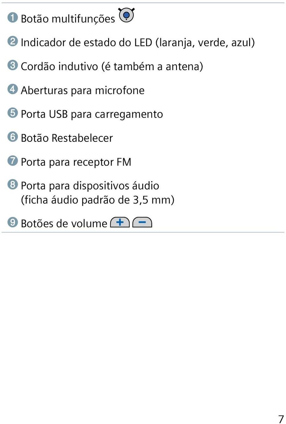 para carregamento ➏ Botão Restabelecer ➐ Porta para receptor FM ➑ Porta