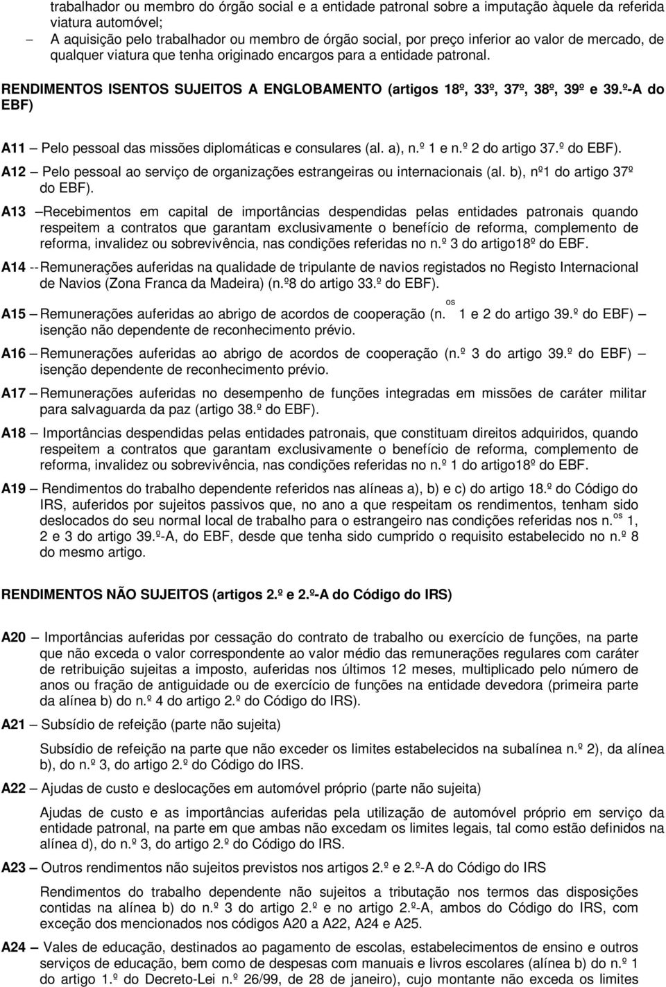 º-A do EBF) A11 Pelo pessoal das missões diplomáticas e consulares (al. a), n.º 1 e n.º 2 do artigo 37.º do EBF). A12 Pelo pessoal ao serviço de organizações estrangeiras ou internacionais (al.