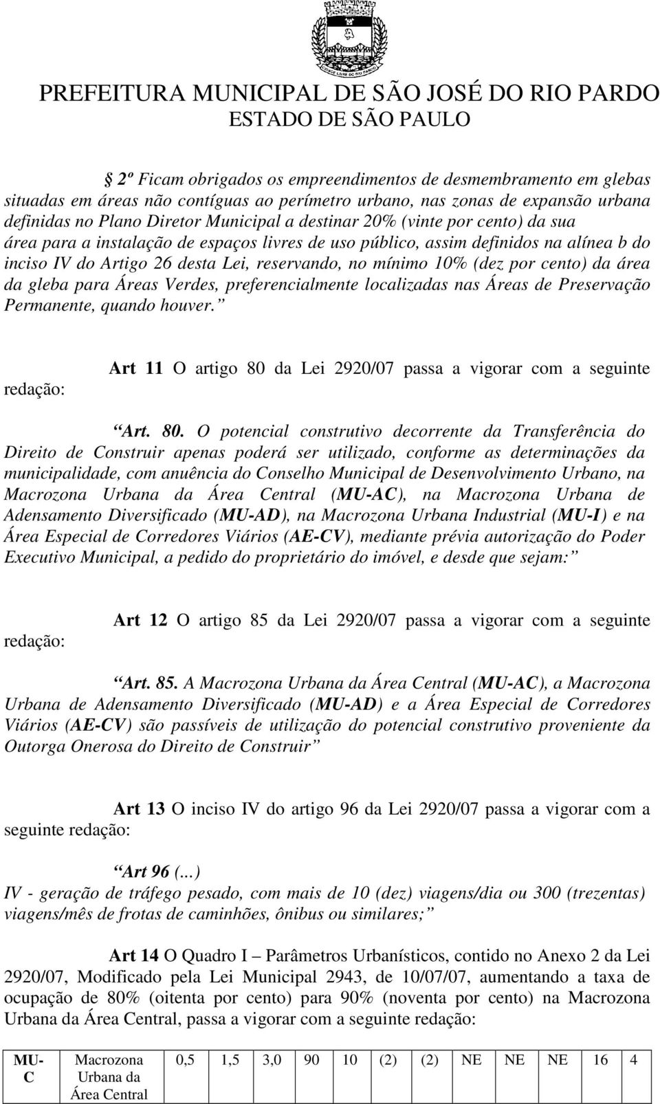 gleba para Áreas Verdes, preferencialmente localizadas nas Áreas de Preservação Permanente, quando houver. Art 11 O artigo 80 