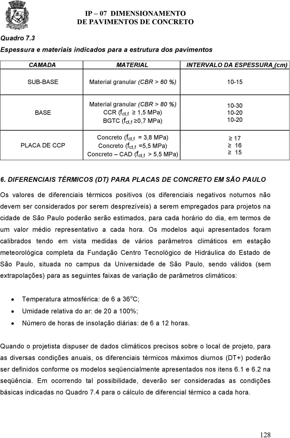 ct,f 1,5 MPa) BGTC (f ct,f 0,7 MPa) 10-30 10-20 10-20 PLACA DE CCP Concreto (f ct,f = 3,8 MPa) Concreto (f ct,f =5,5 MPa) Concreto CAD (f ct,f > 5,5 MPa) 17 16 15 6.