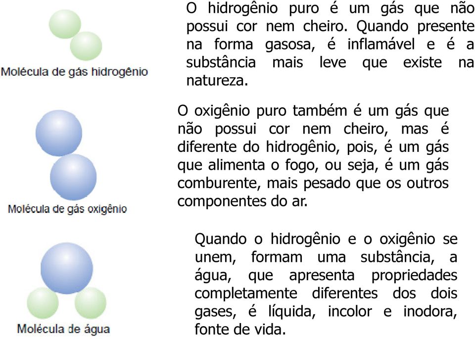 O oxigênio puro também é um gás que não possui cor nem cheiro, mas é diferente do hidrogênio, pois, é um gás que alimenta o fogo, ou