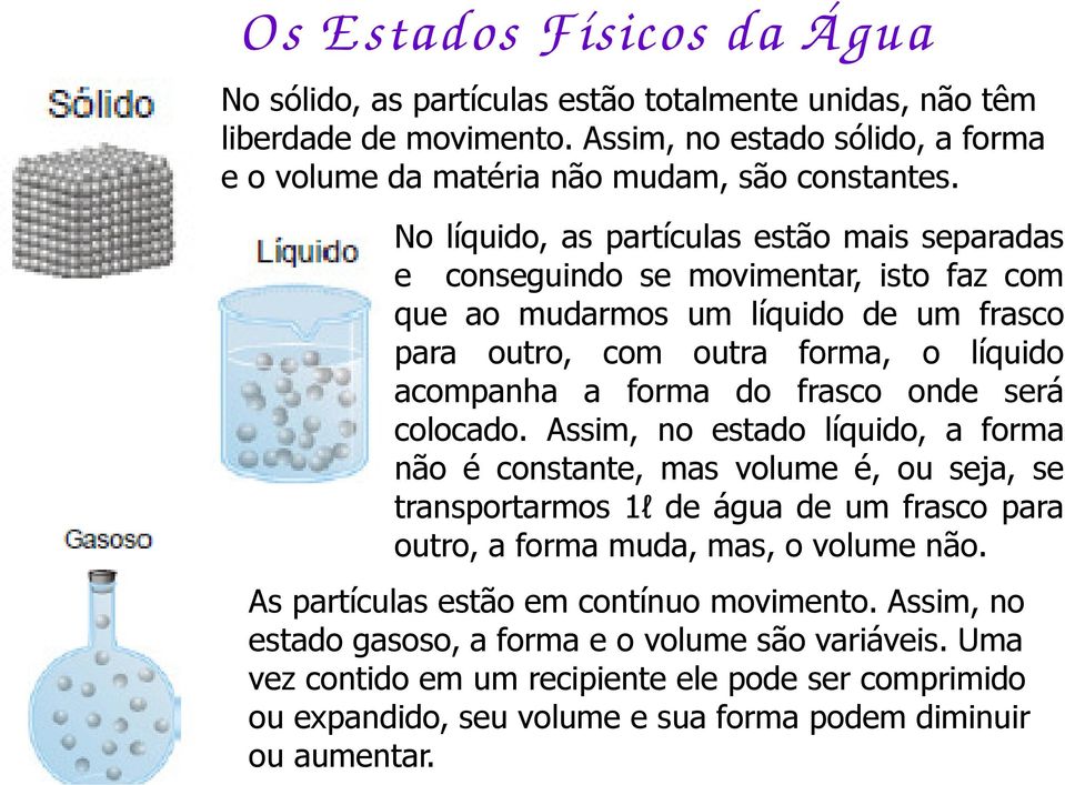 onde será colocado. Assim, no estado líquido, a forma não é constante, mas volume é, ou seja, se transportarmos 1l de água de um frasco para outro, a forma muda, mas, o volume não.