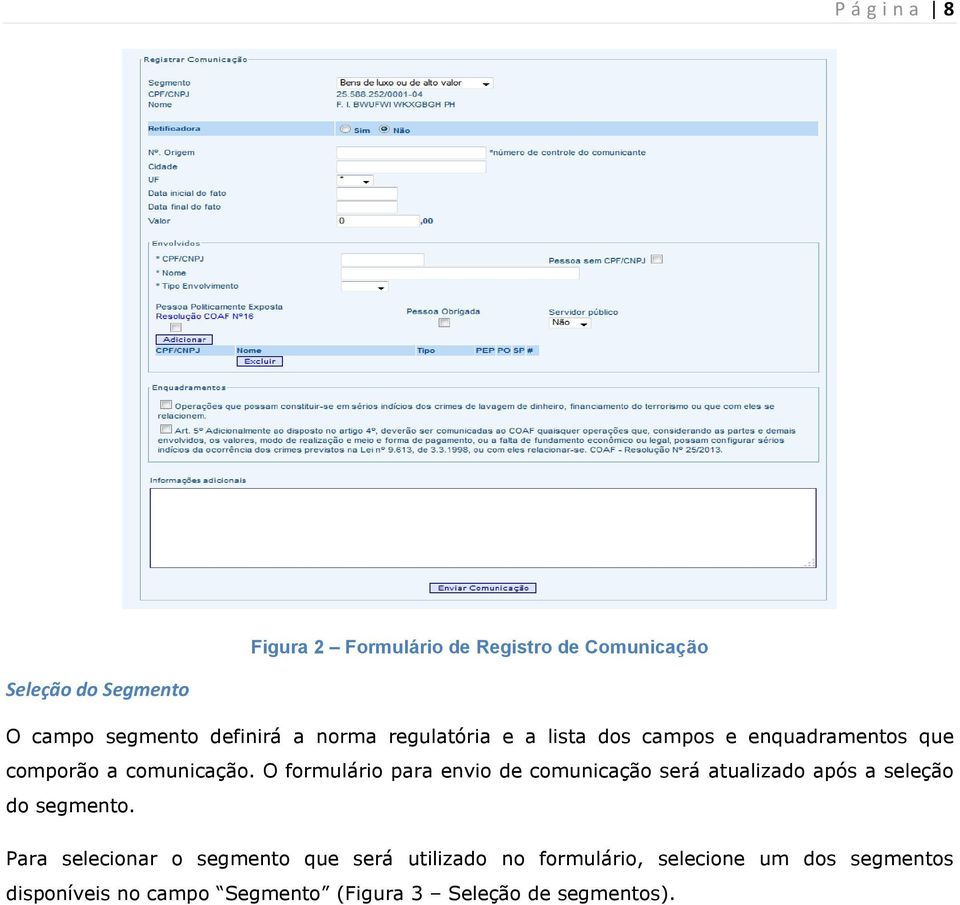 O formulário para envio de comunicação será atualizado após a seleção do segmento.