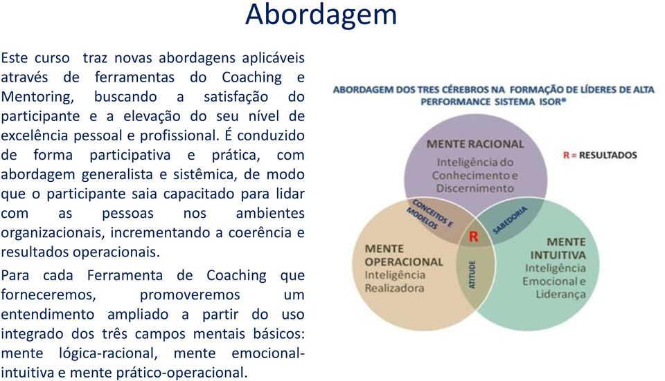 É conduzido de forma participativa e prática, com abordagem generalista e sistêmica, de modo que o participante saia capacitado para lidar com as pessoas nos