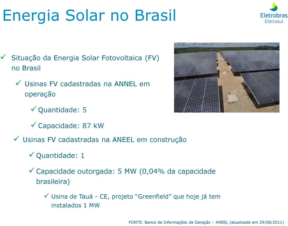 Quantidade: 1 Capacidade outorgada: 5 MW (0,04% da capacidade brasileira) Usina de Tauá - CE, projeto