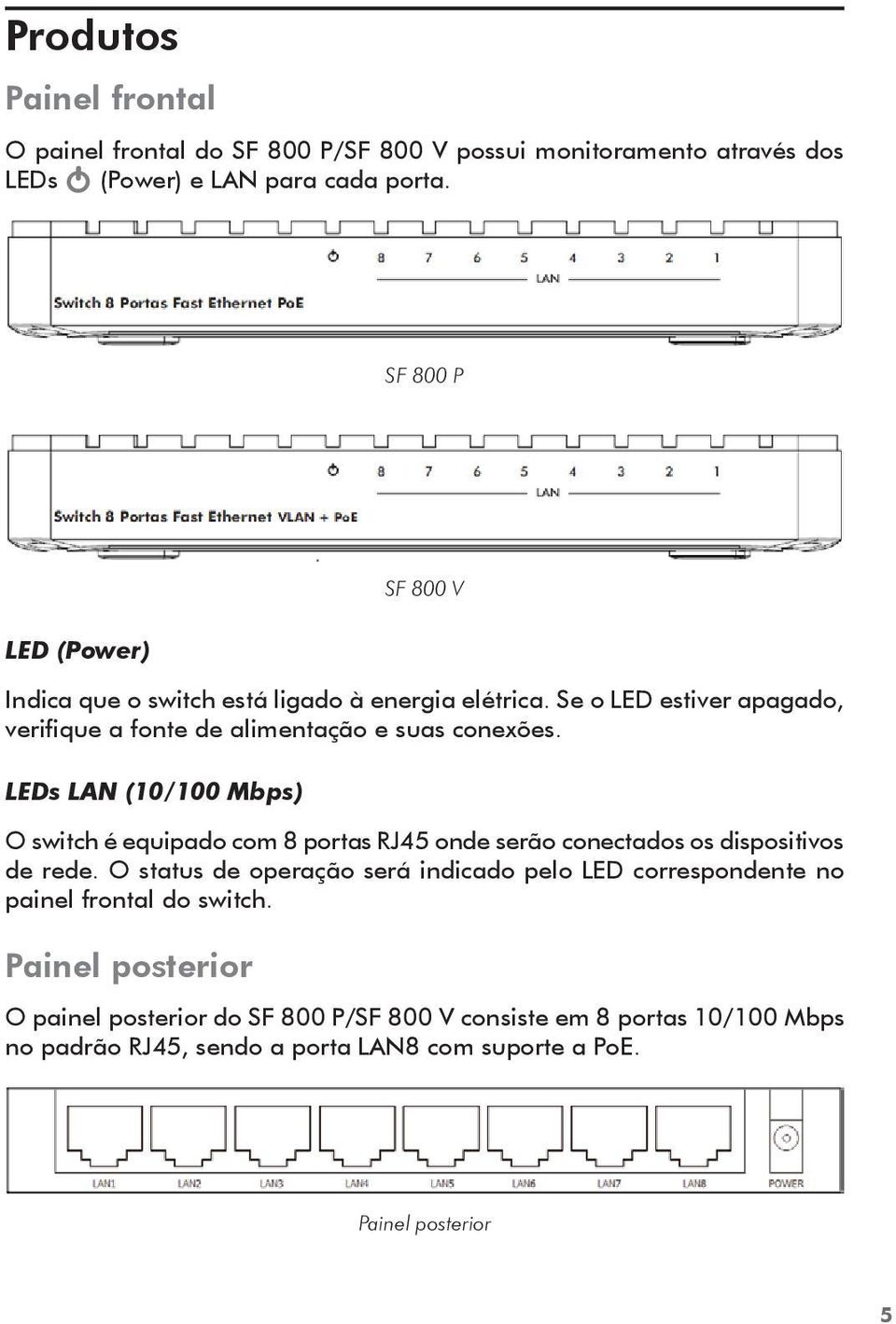 LEDs LAN (10/100 Mbps) O switch é equipado com 8 portas RJ45 onde serão conectados os dispositivos de rede.