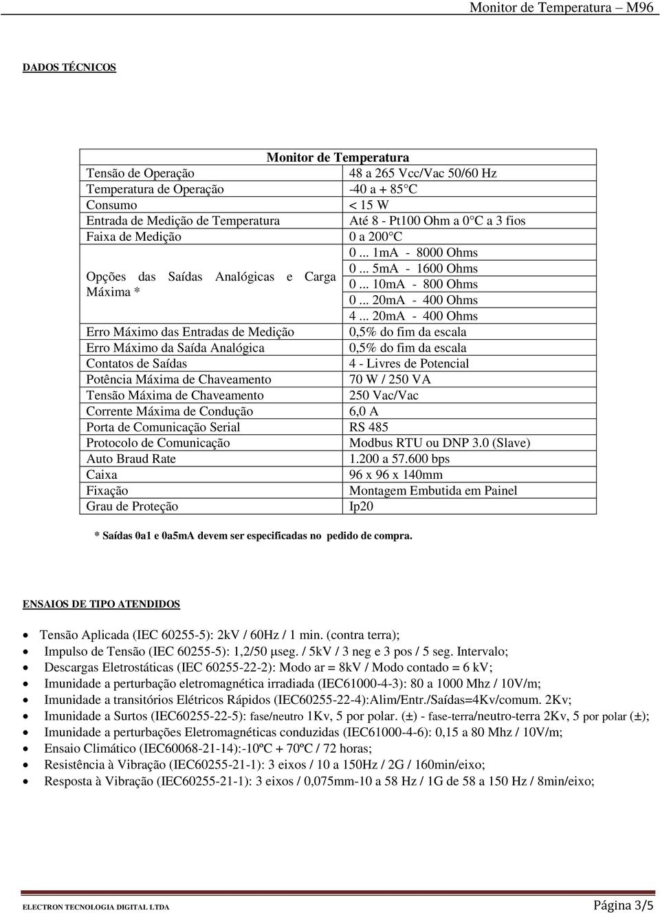 .. 20mA - 400 Ohms Erro Máximo das Entradas de Medição 0,5% do fim da escala Erro Máximo da Saída Analógica 0,5% do fim da escala Contatos de Saídas 4 - Livres de Potencial Potência Máxima de