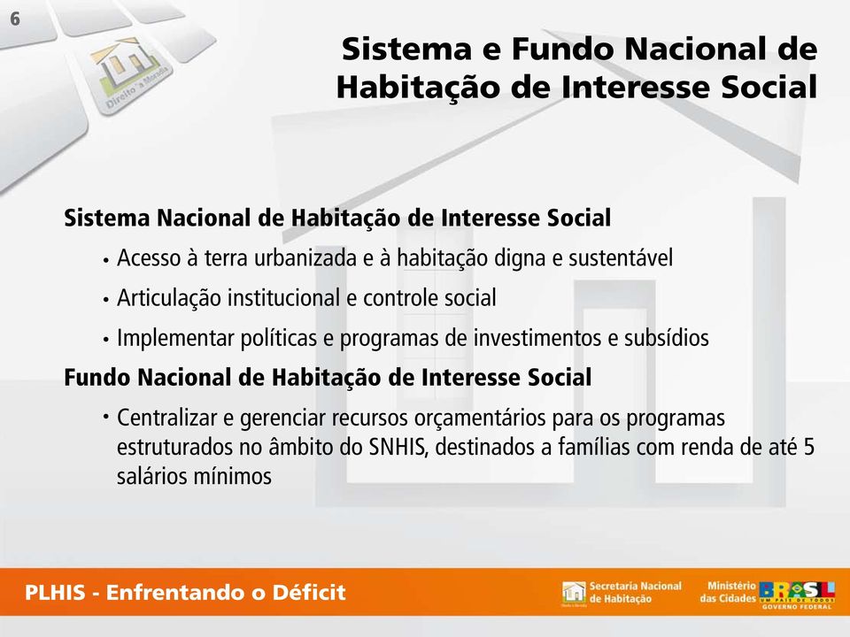 investimentos e subsídios Fundo Nacional de Habitação de Interesse Social Centralizar e gerenciar recursos orçamentários para