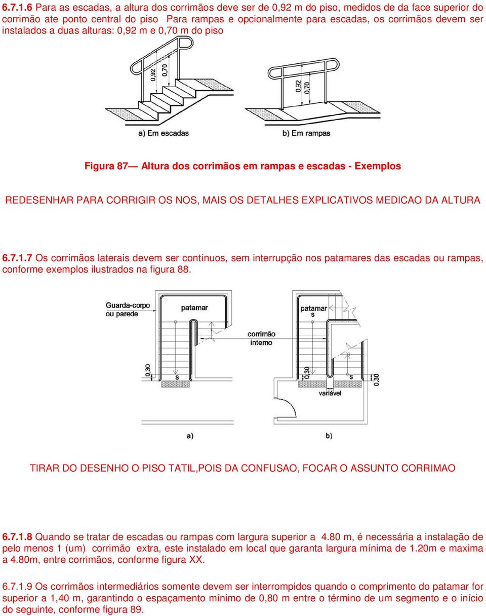 ser instalados a duas alturas: 0,92 m e 0,70 m do piso Figura 87 Altura dos corrimãos em rampas e escadas - Exemplos REDESENHAR PARA CORRIGIR OS NOS, MAIS OS DETALHES EXPLICATIVOS MEDICAO DA ALTURA 7