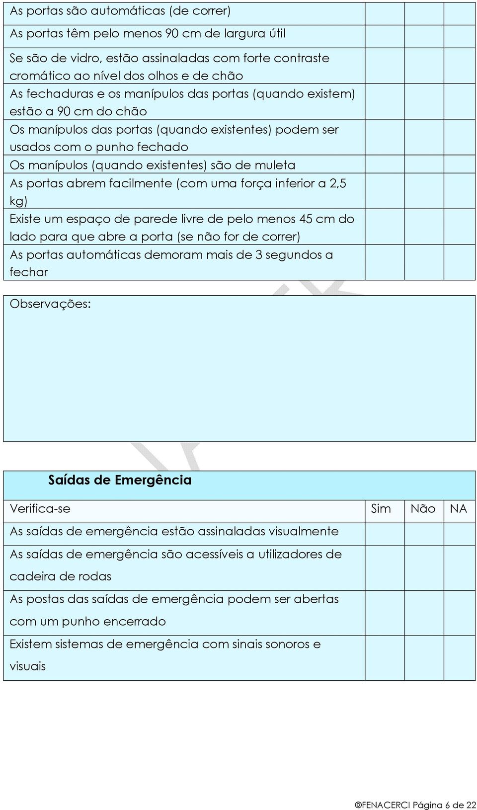 abrem facilmente (com uma força inferior a 2,5 kg) Existe um espaço de parede livre de pelo menos 45 cm do lado para que abre a porta (se não for de correr) As portas automáticas demoram mais de 3