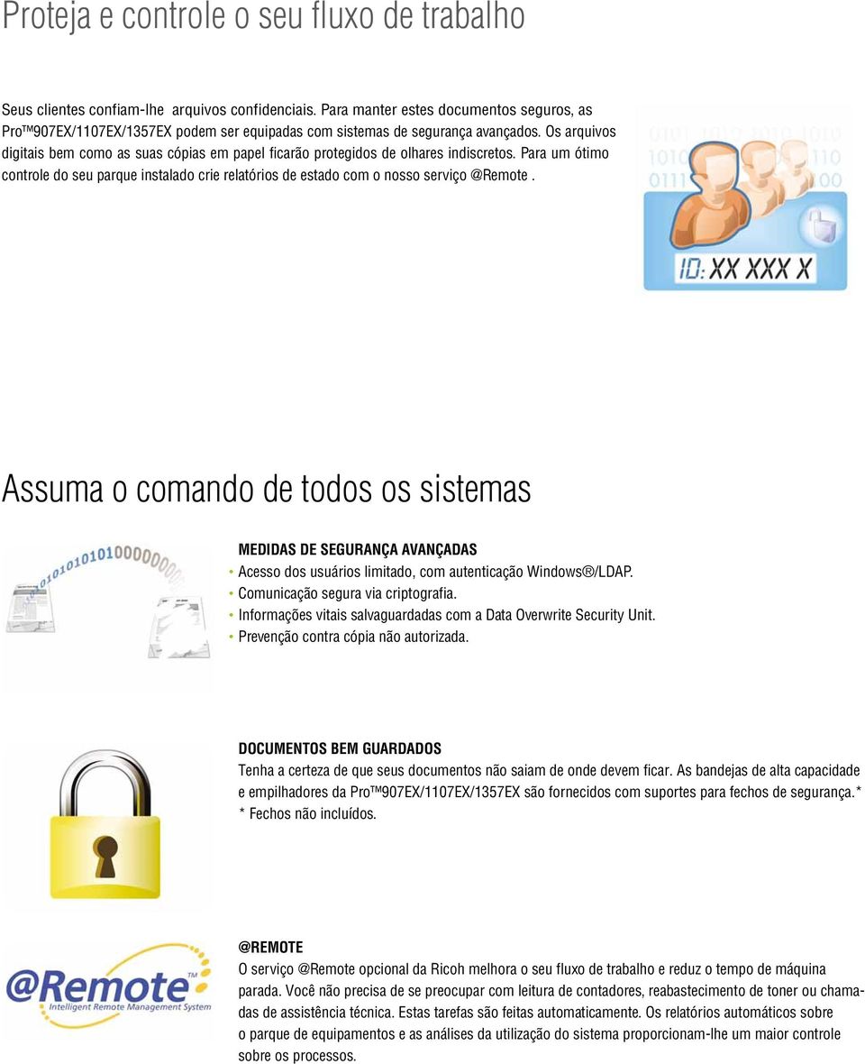 Os arquivos digitais bem como as suas cópias em papel ficarão protegidos de olhares indiscretos. Para um ótimo controle do seu parque instalado crie relatórios de estado com o nosso serviço @Remote.