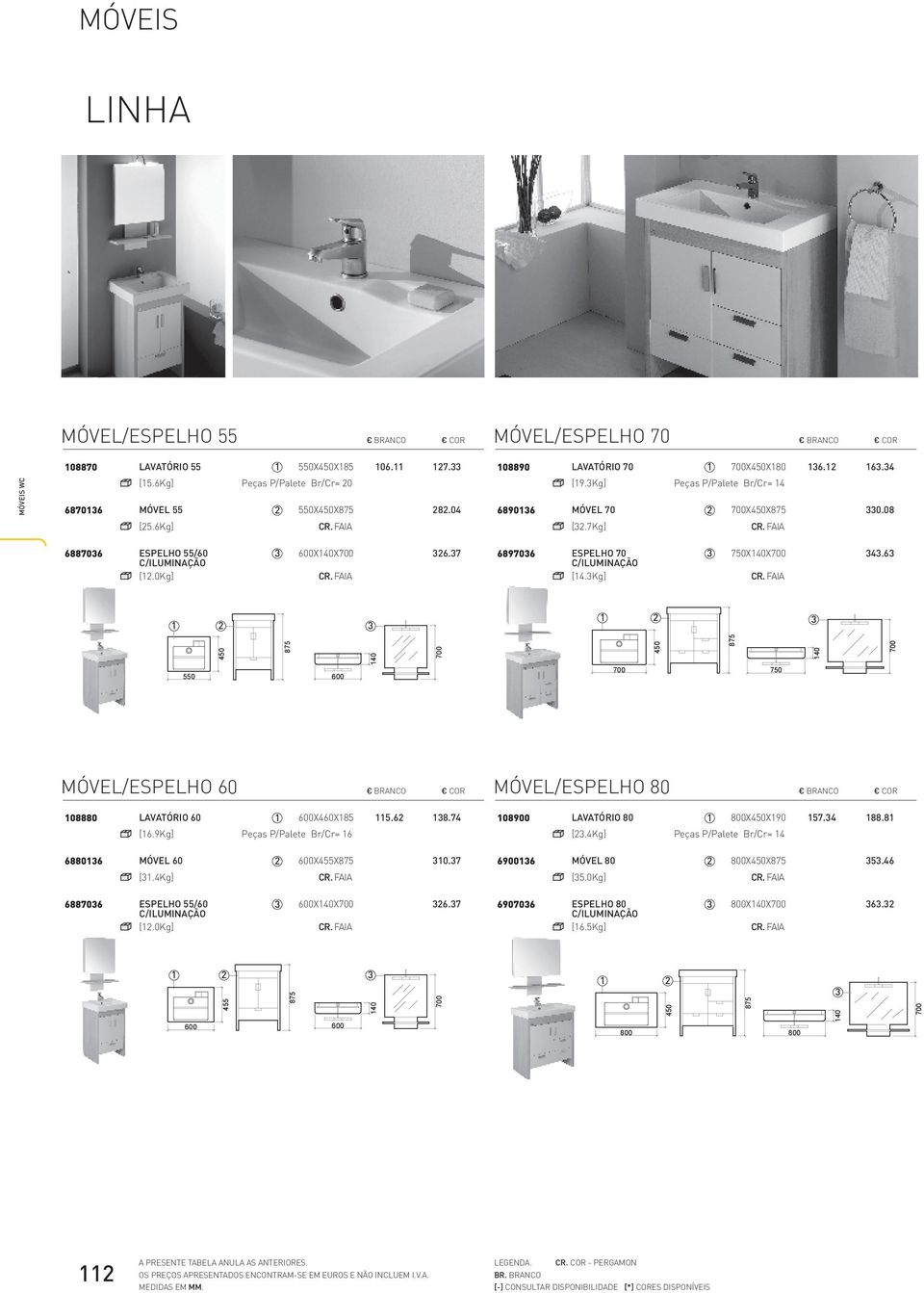 Kg] 750X0X700.6 550 50 875 0 700 700 50 875 750 0 700 MÓVEL/ESPELHO 60 MÓVEL/ESPELHO 80 08880 LAVATÓRIO 60 X60X85 5.6 [6.9Kg] Peças P/Palete Br/Cr= 6 8.