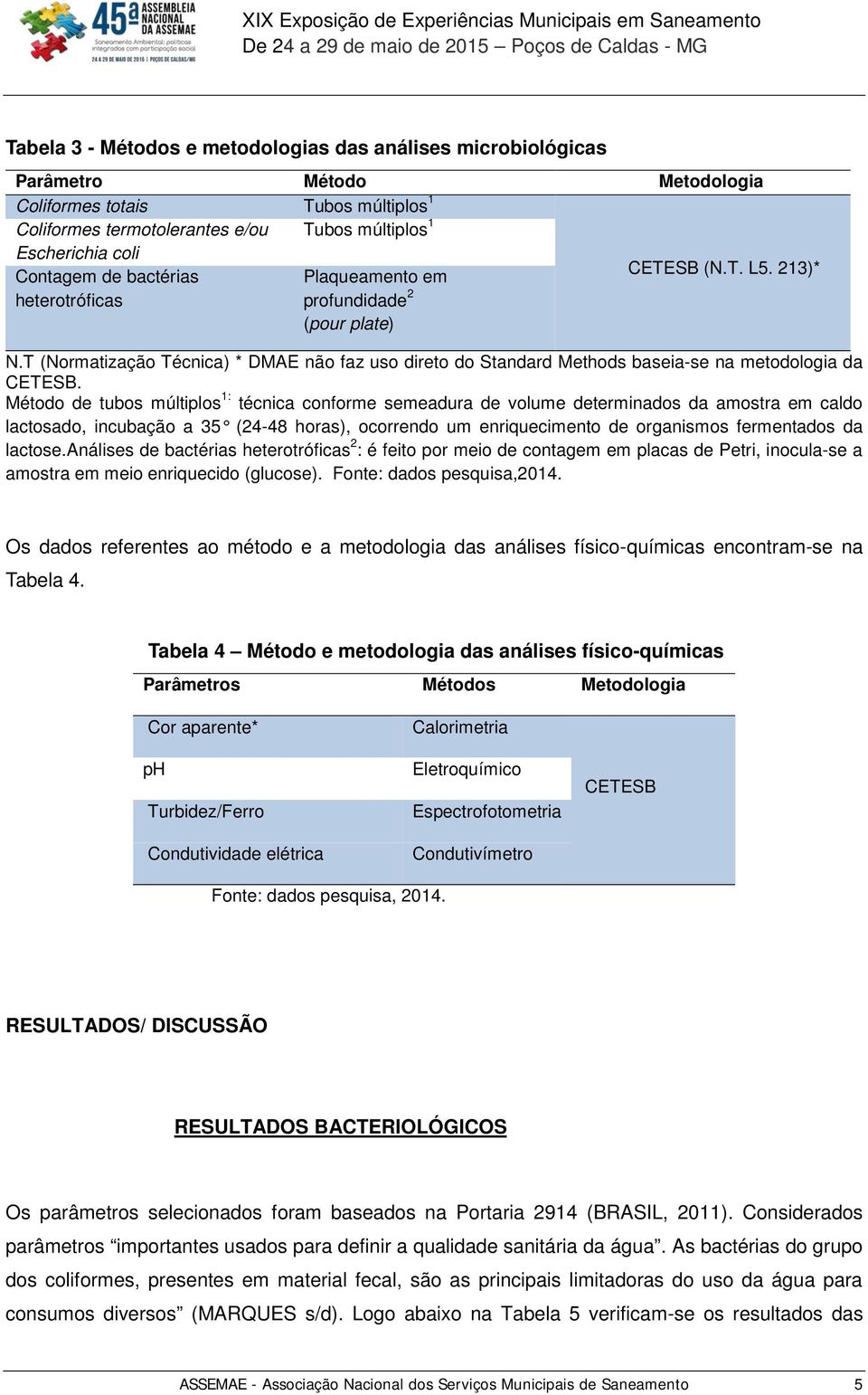 T (Normatização Técnica) * DMAE não faz uso direto do Standard Methods baseia-se na metodologia da CETESB.