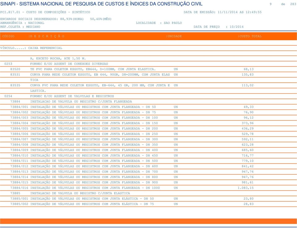 0254 FORNEC E/OU ASSENT DE VALVULAS E REGISTROS 73884 INSTALACAO DE VALVULA OU REGISTRO C/JUNTA FLANGEADA 73884/001 INSTALAÇÃO DE VÁLVULAS OU REGISTROS COM JUNTA FLANGEADA - DN 50 UN 49,33 73884/002