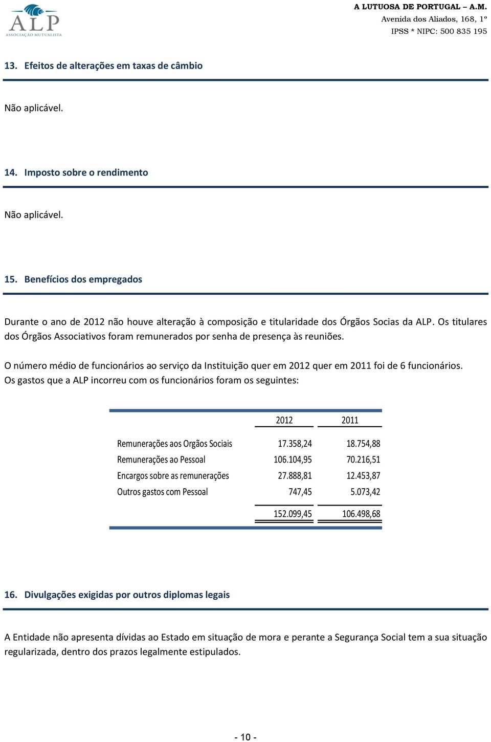 Os titulares dos Órgãos Associativos foram remunerados por senha de presença às reuniões. O número médio de funcionários ao serviço da Instituição quer em 2012 quer em 2011 foi de 6 funcionários.