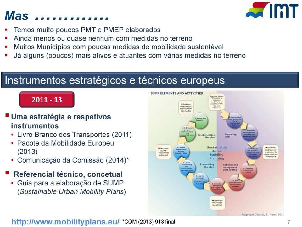2011-13 Uma estratégia e respetivos instrumentos Livro Branco dos Transportes (2011) Pacote da Mobilidade Europeu (2013) Comunicação da Comissão